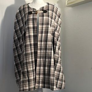 Plaid Cape jacket brown, black, grey and silver metallic pinstripes in pattern